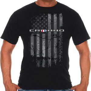 JH Design Men's Chevy Camaro Black T-Shirt Distressed American Flag